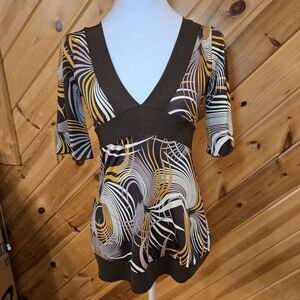 Vtg Y2K V Neck Retro Top Brown Small Made‎ in USA Short Bell Sleeves